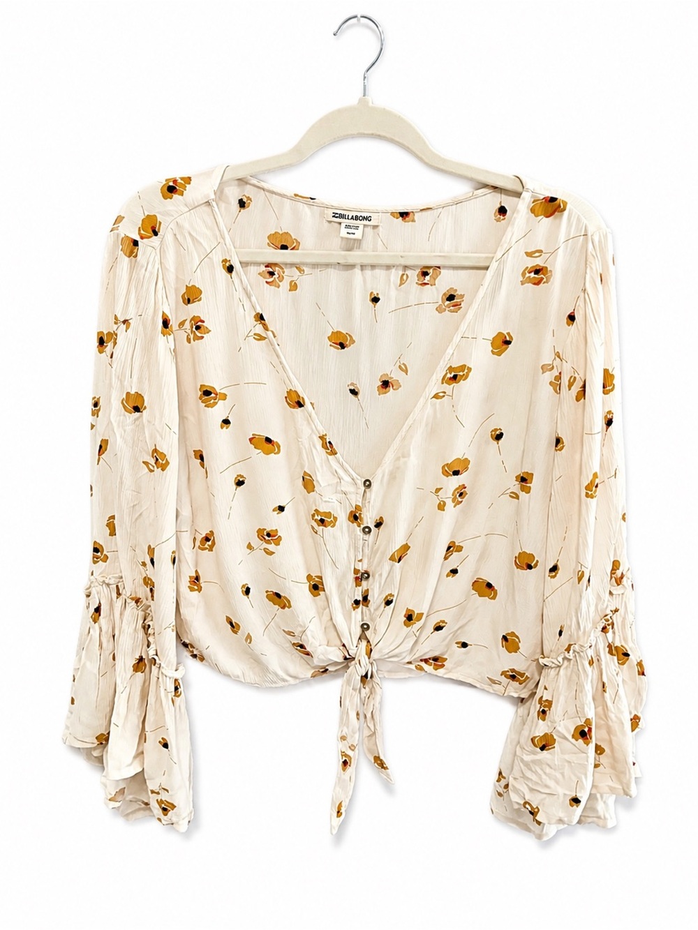 Billabong Floral Tie-Front Boho Bell Sleeve Top - Picture 2 of 4